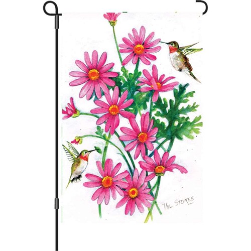 Hummingbirds and Pink Daisies Garden Flag 